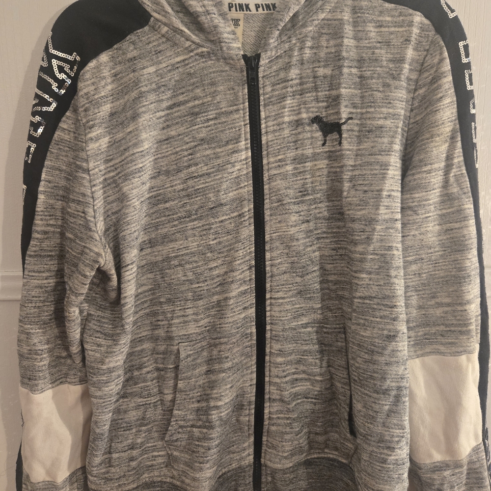 PINK Gray and White Zip-Up Hoodie